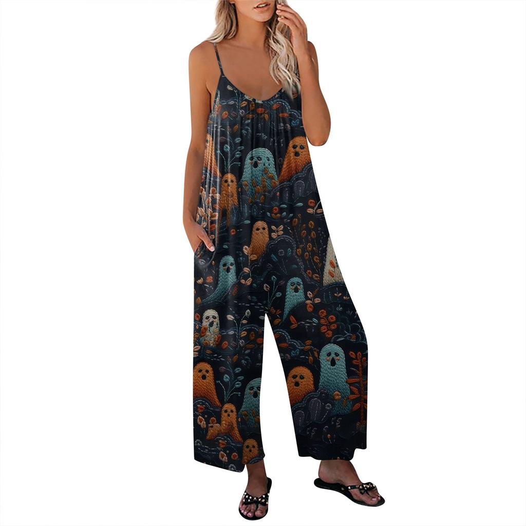 Женский комбинезон с принтом, повседневный свободный комбинезон с регулируемыми подтяжками