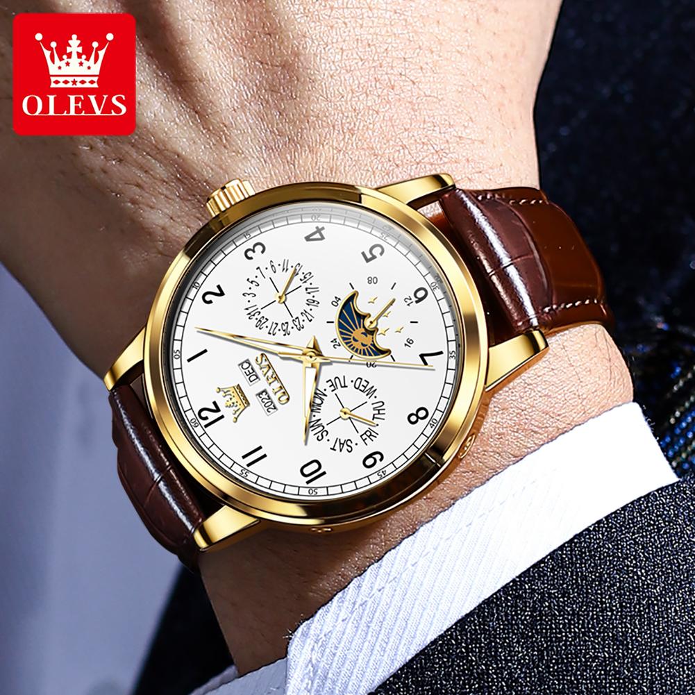 OLEVS Men's Watches Casual Fashion Original Automatic Mechanical Wristwatch Complete Calendar Waterproof Luminous Moon Phase New