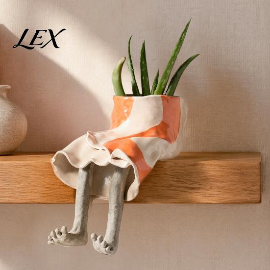 Drainage System Flower Pot Cute Leggy Planter, Sitting Human Resin Planter with Legs, Shelf Sitter Miniature Plant for Succulents Cacti Indoor Plants,