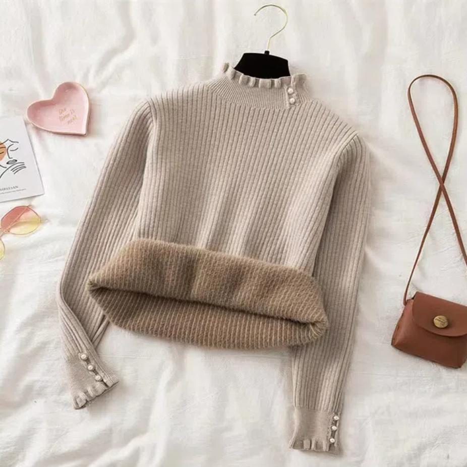 Цельный бархатный базовый слой с утолщенным флисом, осенне-зимний трикотажный свитер, женский пуловер, грибок, полувысокий ворот, дизайн с пуговицами