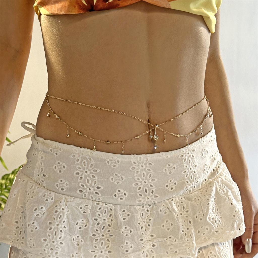 Double Layer Crisscross Cubic Zirconia Chain Navel Ring Waist Chain for Women Gold Tone Adjustable Body Chain Belly Jewelry