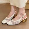 Fashion Mesh High Heels Sandals Women Shoes Hollow Square Toe Slippers 2025 Trend Summer Elegant Dress Pumps Chunky Sandalias De Mujer
