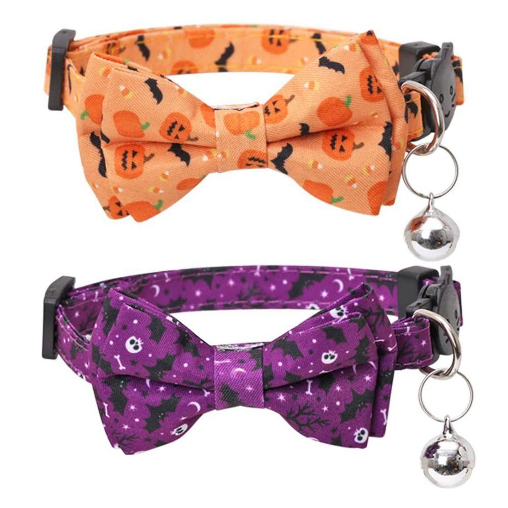 С колокольчиком Хэллоуинский ошейник для кошки с регулируемым бантом, тыквенный ошейник для щенка с колокольчиком, летучие мыши/тыква/череп/паук, съемный