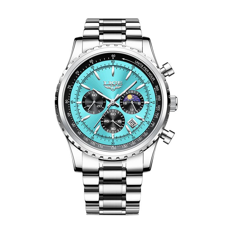 LIGE Business Men's Watch Chronograph Quartz Wristwatch Fashion Moon Phase Calendar Clock Waterproof Luminous Male Watch