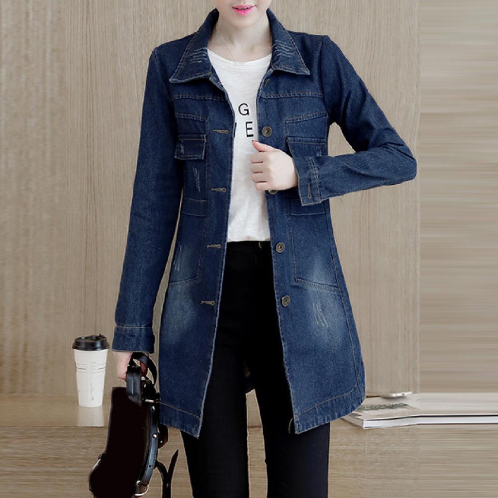 Long-sleeved Denim Jacket Women's Slim Single-breasted Mid-length Windbreaker Top
