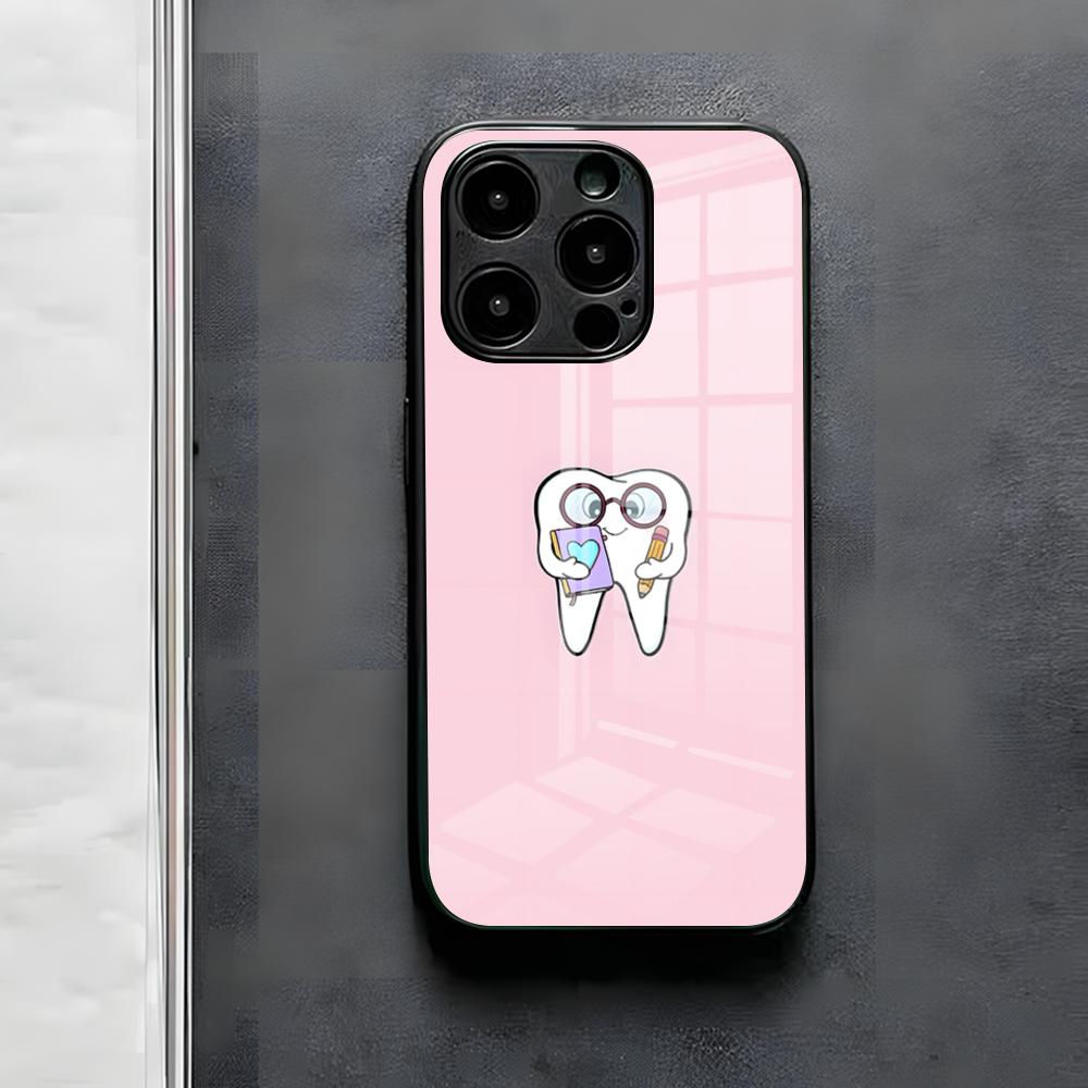 Милый чехол для телефона с зубом стоматолога для iPhone 17 Air 16 E Pro Max 15 14 13 Mini 12 Pro 11 Max Plus Черная стеклянная крышка