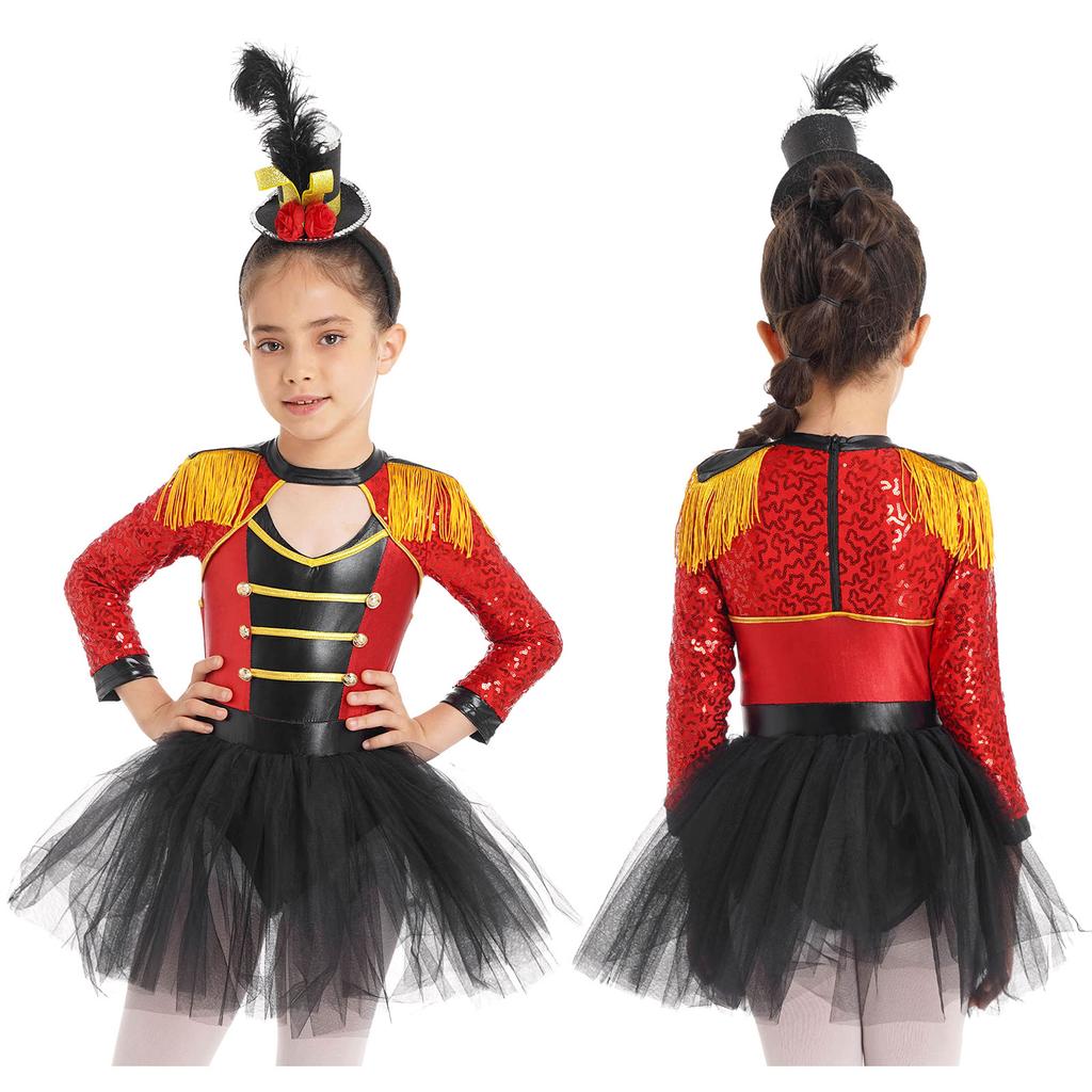 Kids Girls Carnival Party Circus Ringmaster Costume Long Sleeve Sequin Dress with Mini Top Hat Dancewear