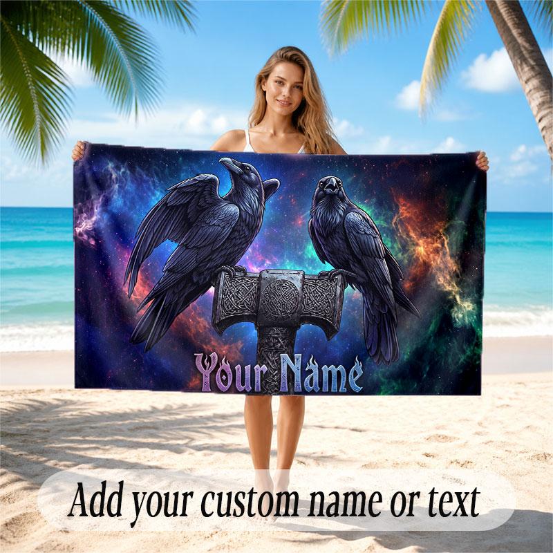 Bat Raven Theme Beach Towel Personalized Custom Name & Text Soft Quick Dry Beach Towel for Swimming Travel