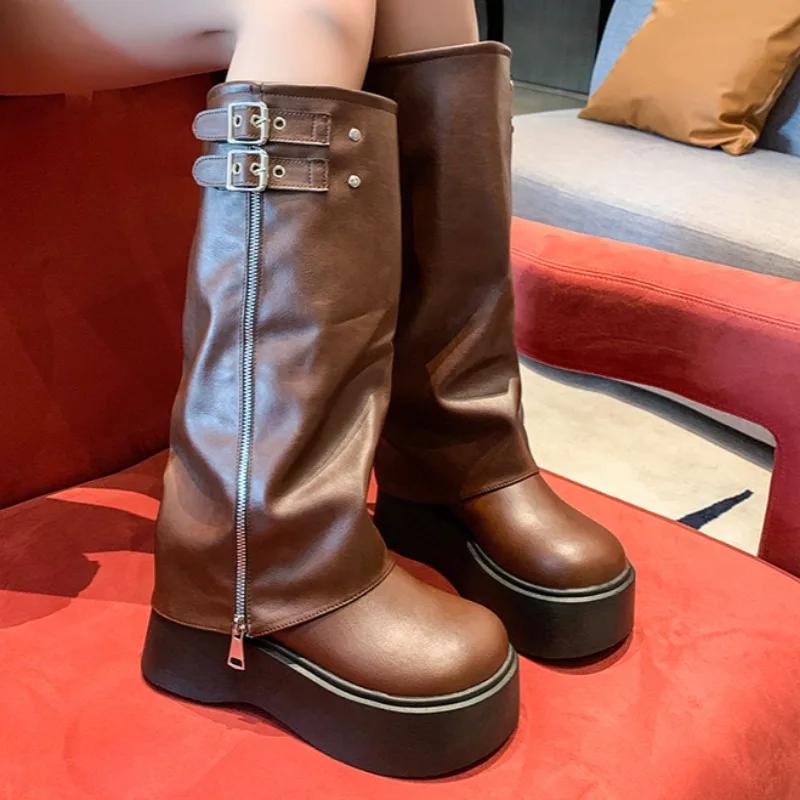 Весна Осень Женские Мотоциклетные Ботинки Британский Стиль На Толстой Подошве 2024 Сценический Подиум Ретро Молния Ремень Пряжка Дизайн Модные Ботинки