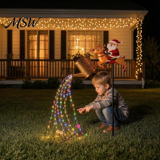 Christmas Holiday Patio Lights Solar Santa Watering Can Light, Garden Stake Decorative Lawn Lanterns LED Pathway Light for Festive Front Yard