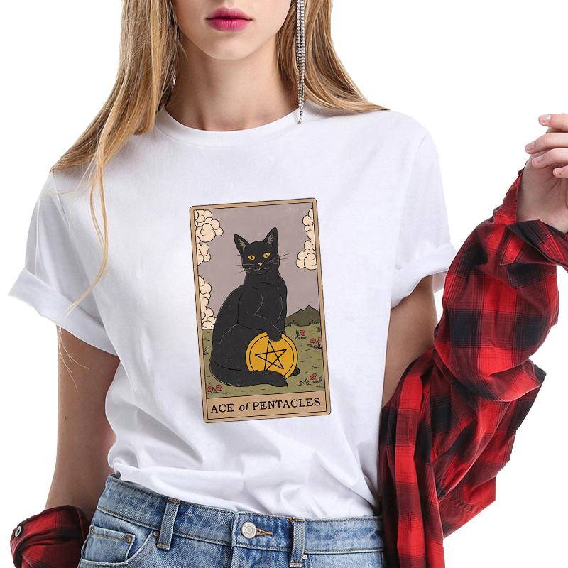Vintage Tarot Cat Print Mulheres Tshirts Engraado Vesturio Cartoon Unisexs Feminino Grfico Tshirt Bonito Tshirt Casual Tee Shirt Tees