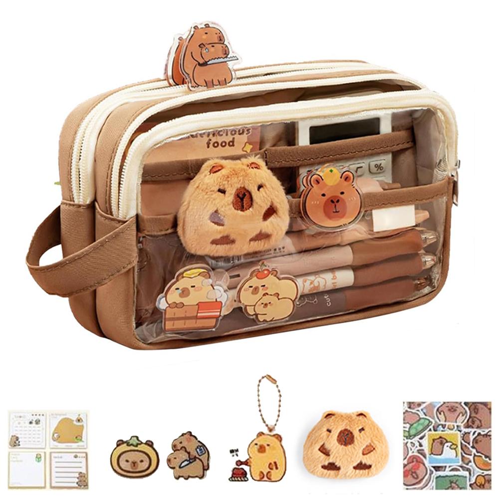 Clear Pencil Pouch 5 Layer Pencil Case Large Capacity Capybara Doll Capybara Sticker Brooche Kit