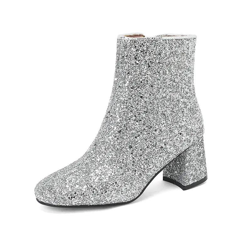 Gold Silver Blue Sequined Cloth Glitter Shoes Women High Heels Ankle Boots