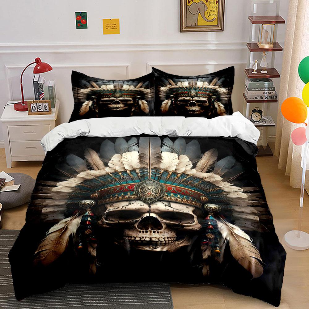 Skull with feather headdress. Bedding sets Duvet cover sets Duvet covers Pillowcases(1 * Duvet Cover 2 * Pillowcases without duvet insert)