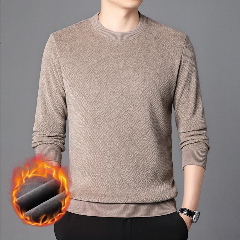 Зимний свитер для мужчин молодого и среднего возраста с бархатом и утолщенным круглым вырезом, теплый топ, модный и универсальный, однотонный, с узором «переплетение»