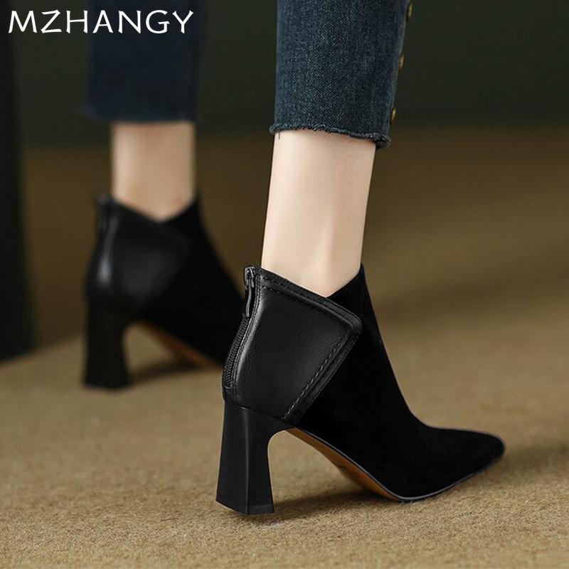 Модные женские замшевые ботильоны с острым носком, элегантные туфли на высоком каблуке, женская мода 2025 года, зимнее модное платье, новые туфли-лодочки, ботинки челси, Mujer