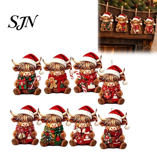 Cute Highland Cow Gift Items Christmas Ornament Set, 2D Flat Wooden Farm Animal Holiday Decor Hanging with String, Tree Party Decoration Decorative