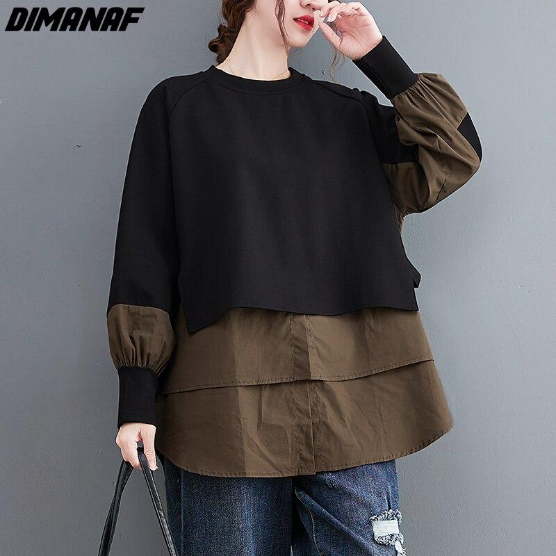 Dimanaf Autumn Lady Casual Shirt Women Clothing Oversize Tops Tees Tunic Loose Casual Long Sleeve Cotton Blouse Black T-Shirt