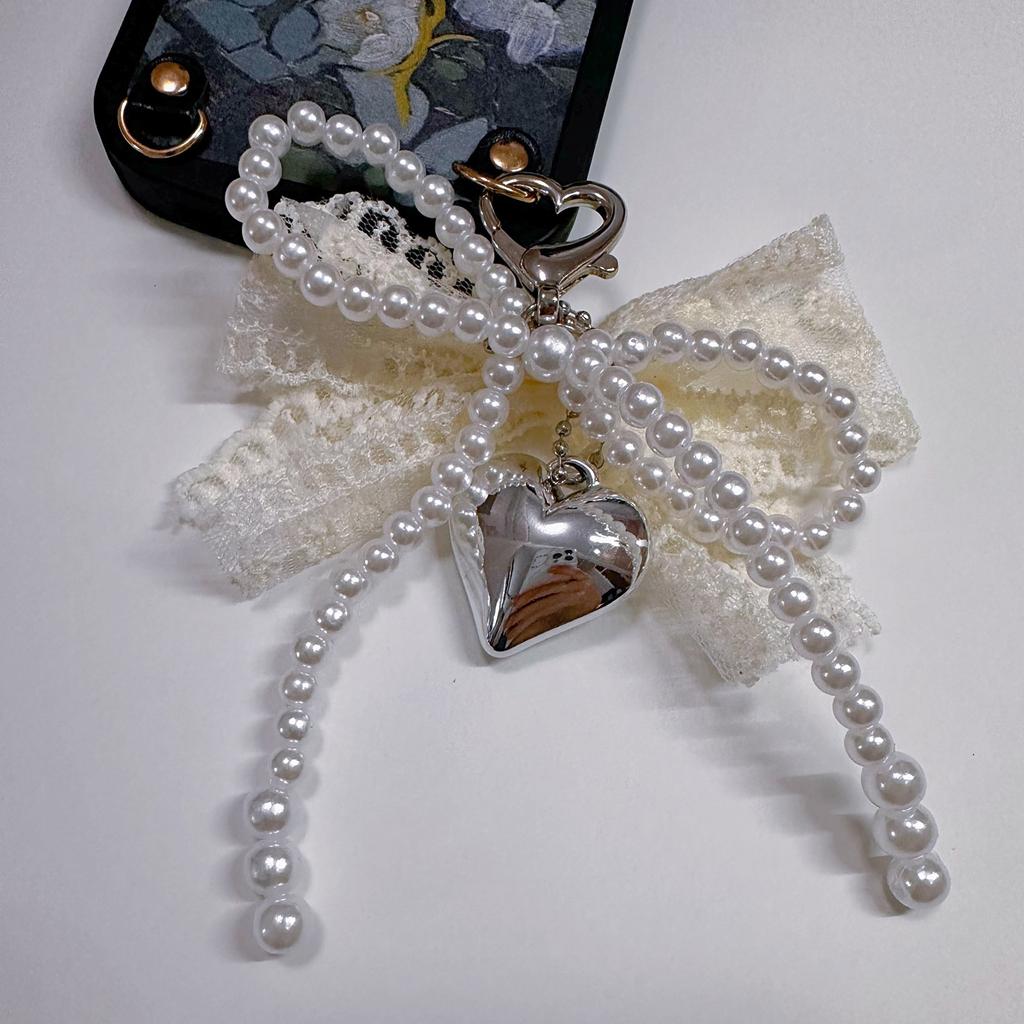 Elegant Pearls Beaded Bowknot Keychain Lovely Beaded Bowknot Keyring Accessory Pearls Bowknot Phone Lanyard Adornment