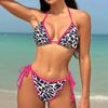 Womens Leopard Swimsuit Two-piece Lace-up Swimwear Sexy Bikinis Sets Beach Outfits For Women