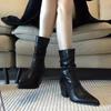 2025 Autumn and Winter Pointed Head Thick Heel Patent Leather Thin Boots Women's Medium Tube Pleated Pile Boots Western Boots Martin Boots Short Boots