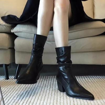 2025 осень и зима остроносые толстый каблук лакированная кожа тонкие сапоги женские средней длины голенища плиссированные сапоги-чулки ковбойские сапоги ботинки мартин короткие сапоги