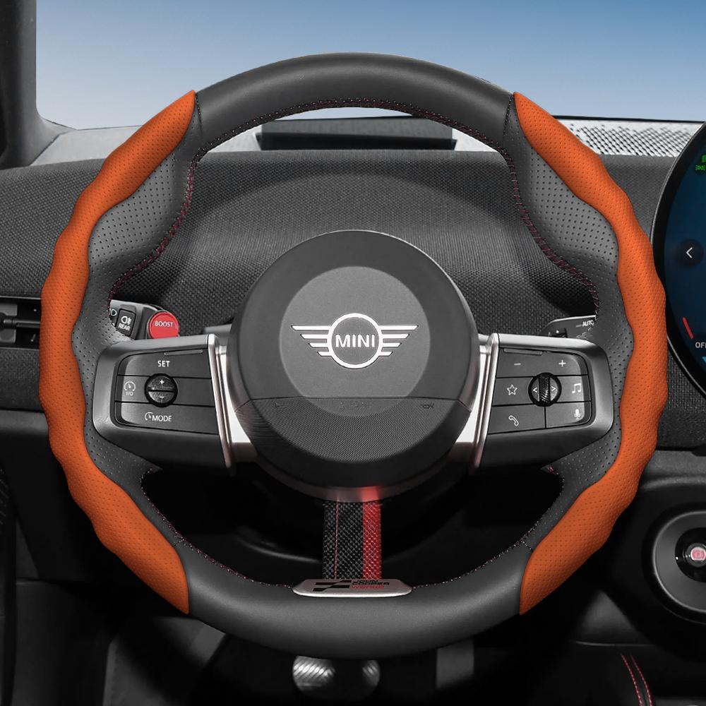 Steering Wheel Cover for Mini, Wave-Shaped Sporty Design, Breathable Leather, Segmented, Non-Slip, Sweat-Absorbent Case, Suitable for Coo e5