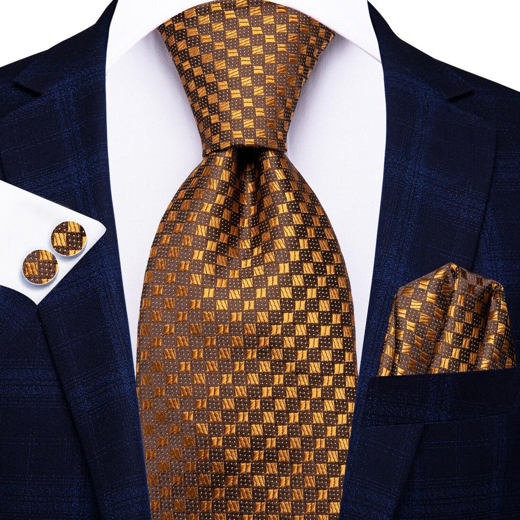 Hi-Tie Dark Gold Plaid Jacquard Mens Silk Tie Classic Necktie Cufflink Hanky Set