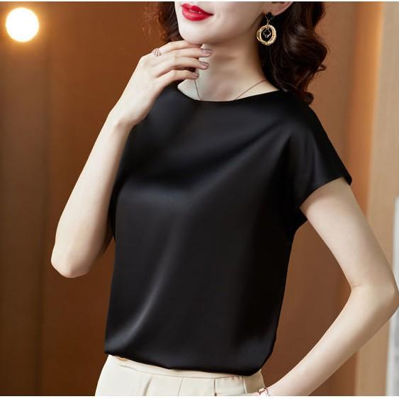 Женская атласная блузка, элитная модная шелковистая футболка с коротким рукавом, повседневные топы