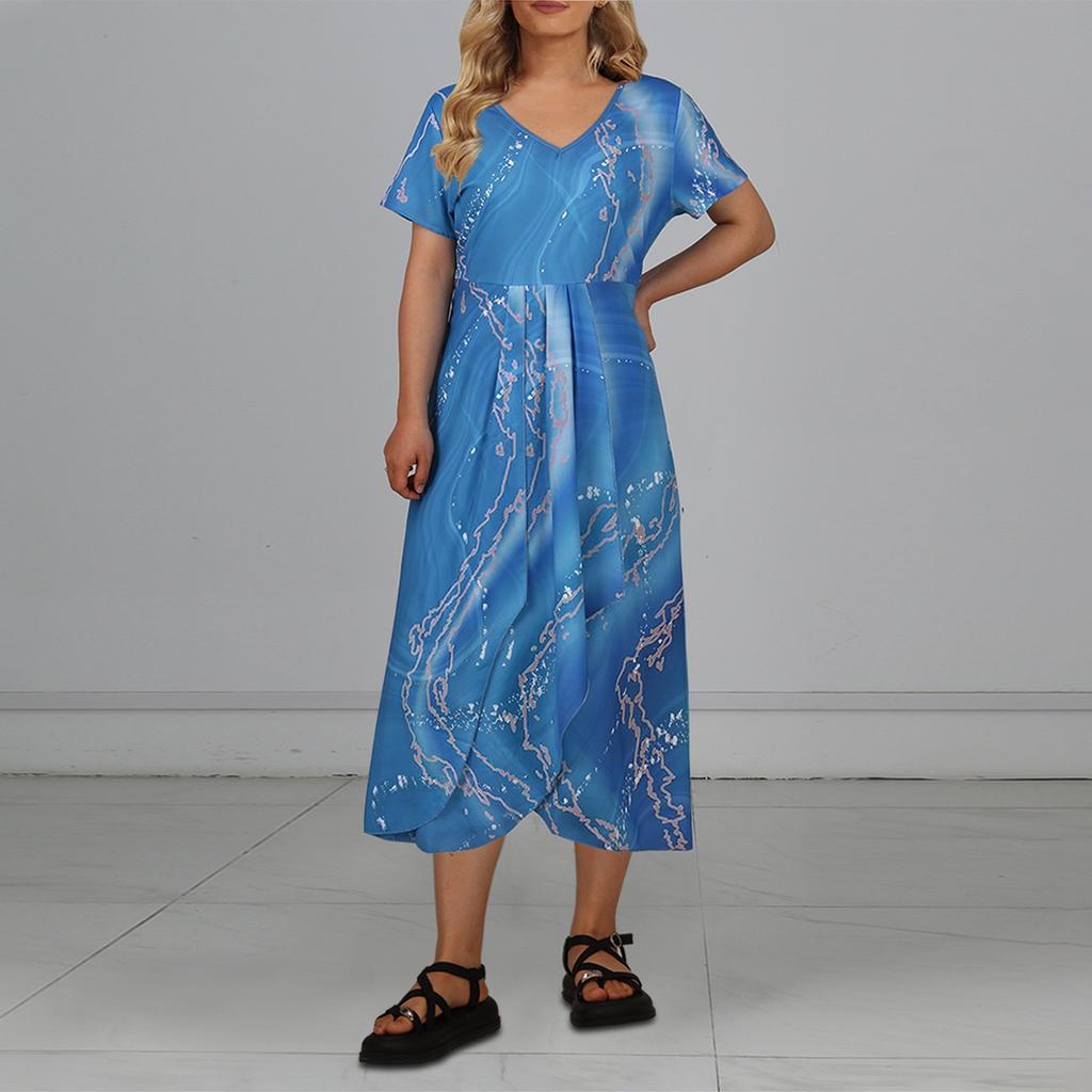 Женское повседневное большое длинное платье с v-образным вырезом и молнией с короткими рукавами и вставками с принтом