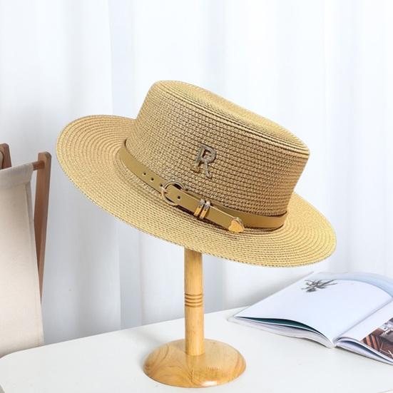 Women Sumemr Belt Letter Decor Rhinestone Flat Top Round Brim Retro English Style Solid Color Lightweight Vacation Beach Cap