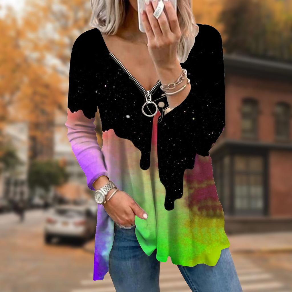 Women Autumn Bucket Pigment Printed Long Sleeve T-Shirts Loose V-Neck Plus Size Tee Shirt Tops Comfy Blouse
