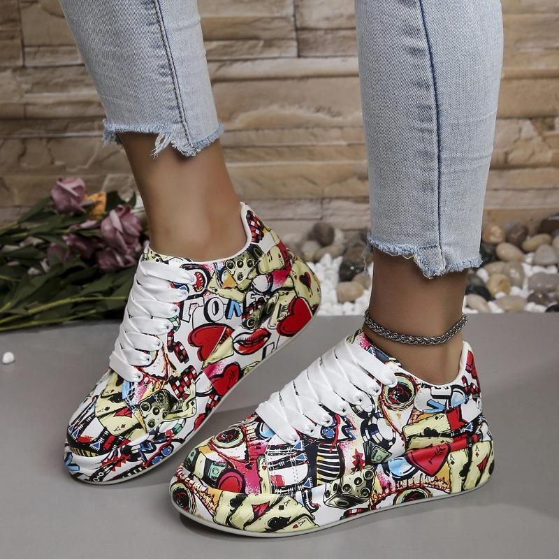 Women's Casual Sneakers Fashion New Painted Graffiti Lace Up Sports Shoes for Women Flat Pu Leather Ladies Running Shoes