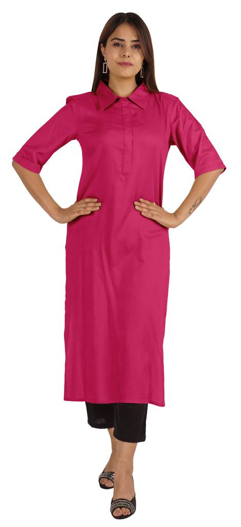 Moomaya Womens Solid Collar Kurti Rayon Elbow Sleeve Ethnic Kurta Indian