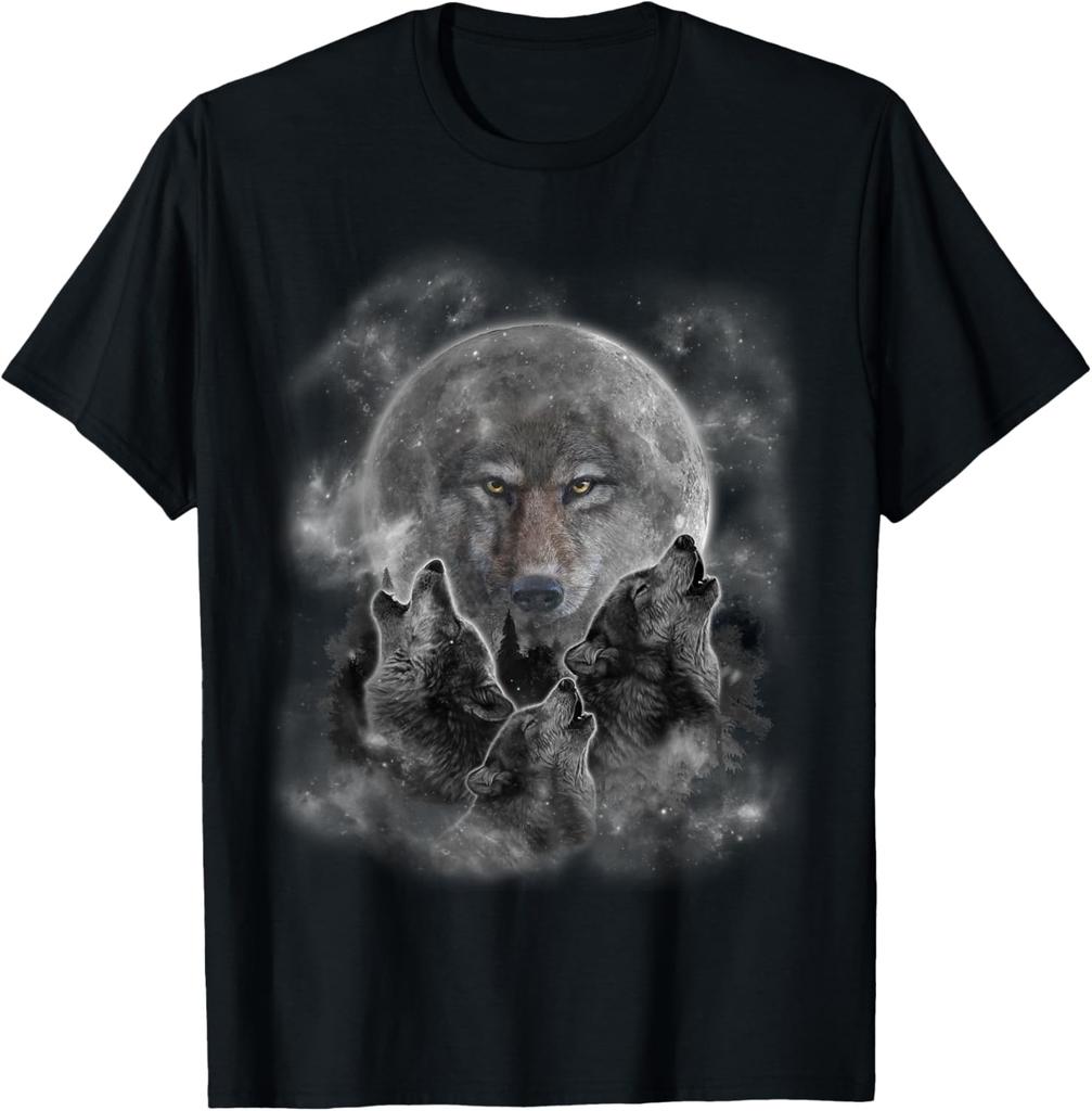 Wolf Pack Howling at Full Moon Graphic Print Short Sleeve Crewneck Cotton T-Shirt for Men