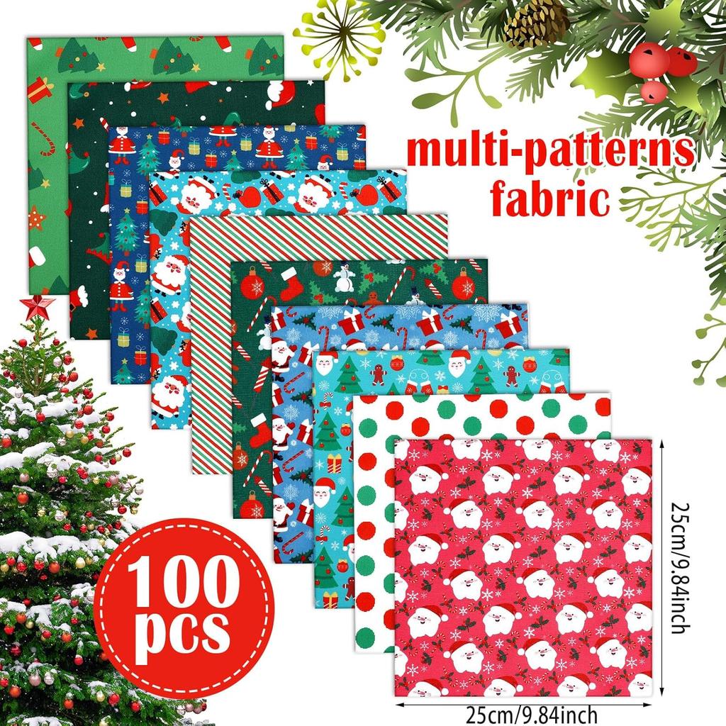 Irenare 100 шт. 8 x 8 дюймов Рождественские наборы тканей Fat Quarters Санта-Клаус Вырезанные квадраты из ткани Рождественская елка Снеговик Печатный для шитья