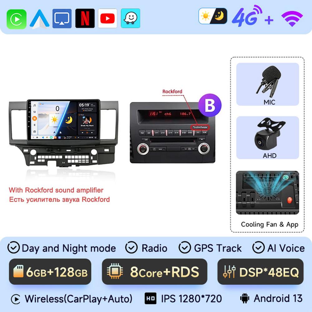 JIUYIN Автомагнитола для Mitsubishi Lancer 10 CY 2007 - 2017 Android 13 Carplay Мультимедийный Видеоплеер 2 Din GPS IPS 4G Стерео DVD