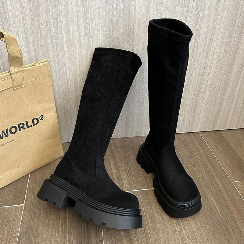Fashion Winter Platform Thick Heel Woman Knee High Boot Concise Slip On Shoes Ladies Punk Style Knight Long Booties