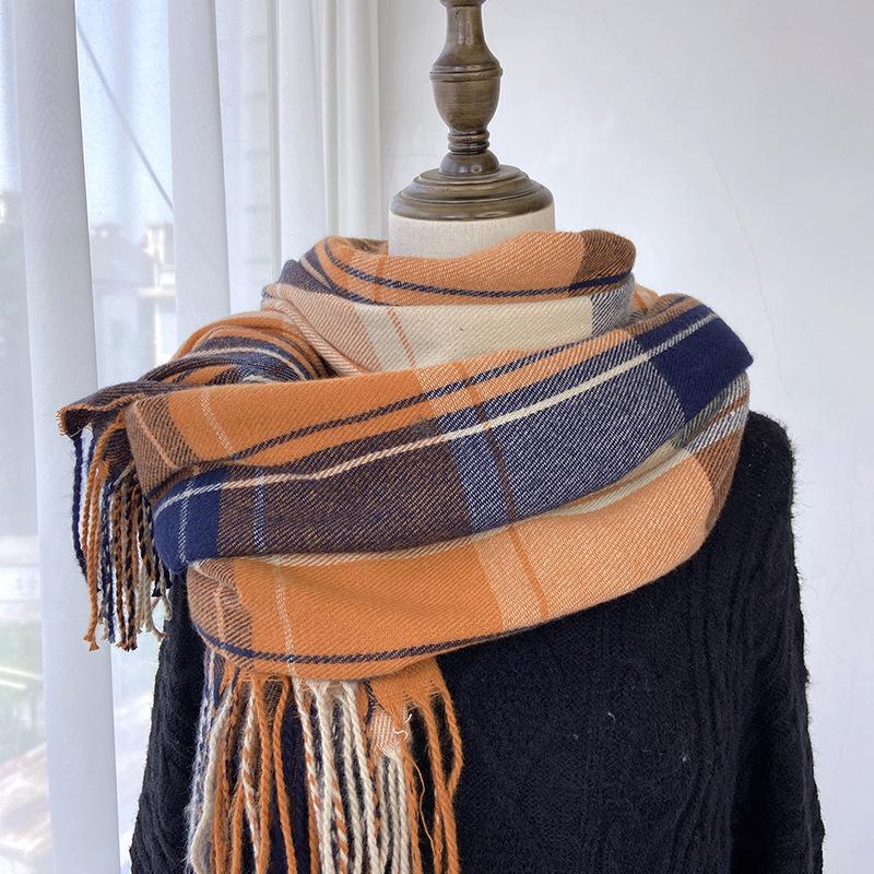 Checkered Scarf Women's Autumn and Winter Retro Imitation Cashmere Warm Tassel Scarf Shawl
