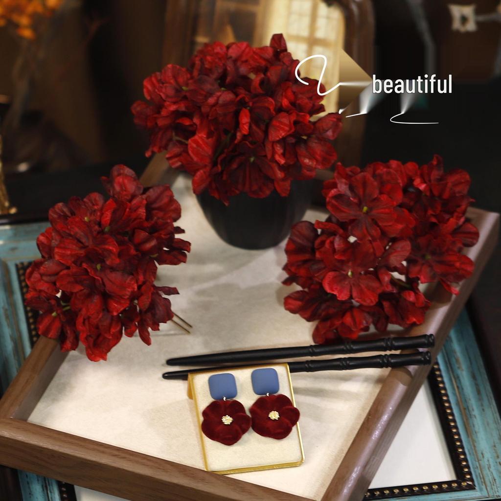 Ретро Заколка для волос в виде цветка из ткани винного цвета - Головной убор в классическом китайском стиле