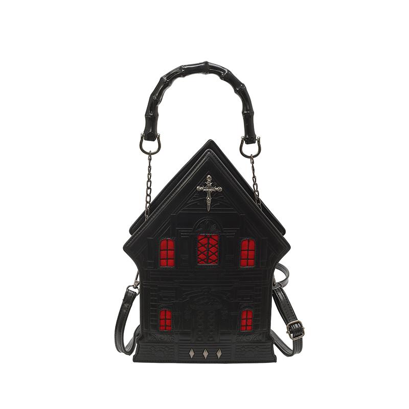 Punk Style Novelty Womens Crossbody Bag House Shaped Halloween Shoulder Bags Gloomy Castle Gothic Handbag Purse for Girls