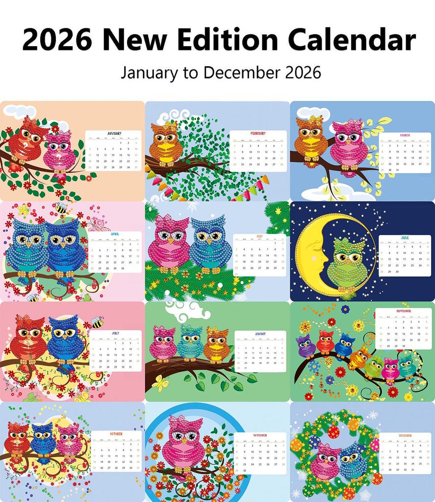 2026 DIY Diamond Painting 13-Page Desk Calendar with Cartoon Designs