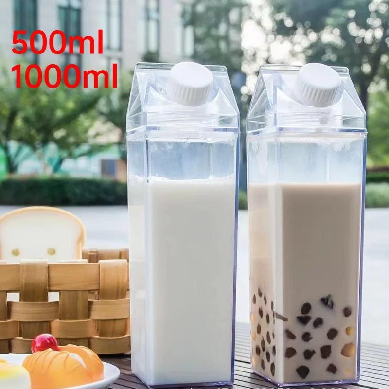 Plastic Clear Milk Carton Water Bottle New Reusable Juice Transparent Sport Leakproof Cup2023 Box Drinking