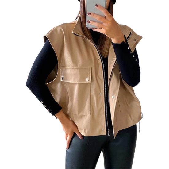 High Quality Side Drawstring Cool Stylish Women Fashion Faux Leather Motorcycle Vest For Dialy Wear Jacket