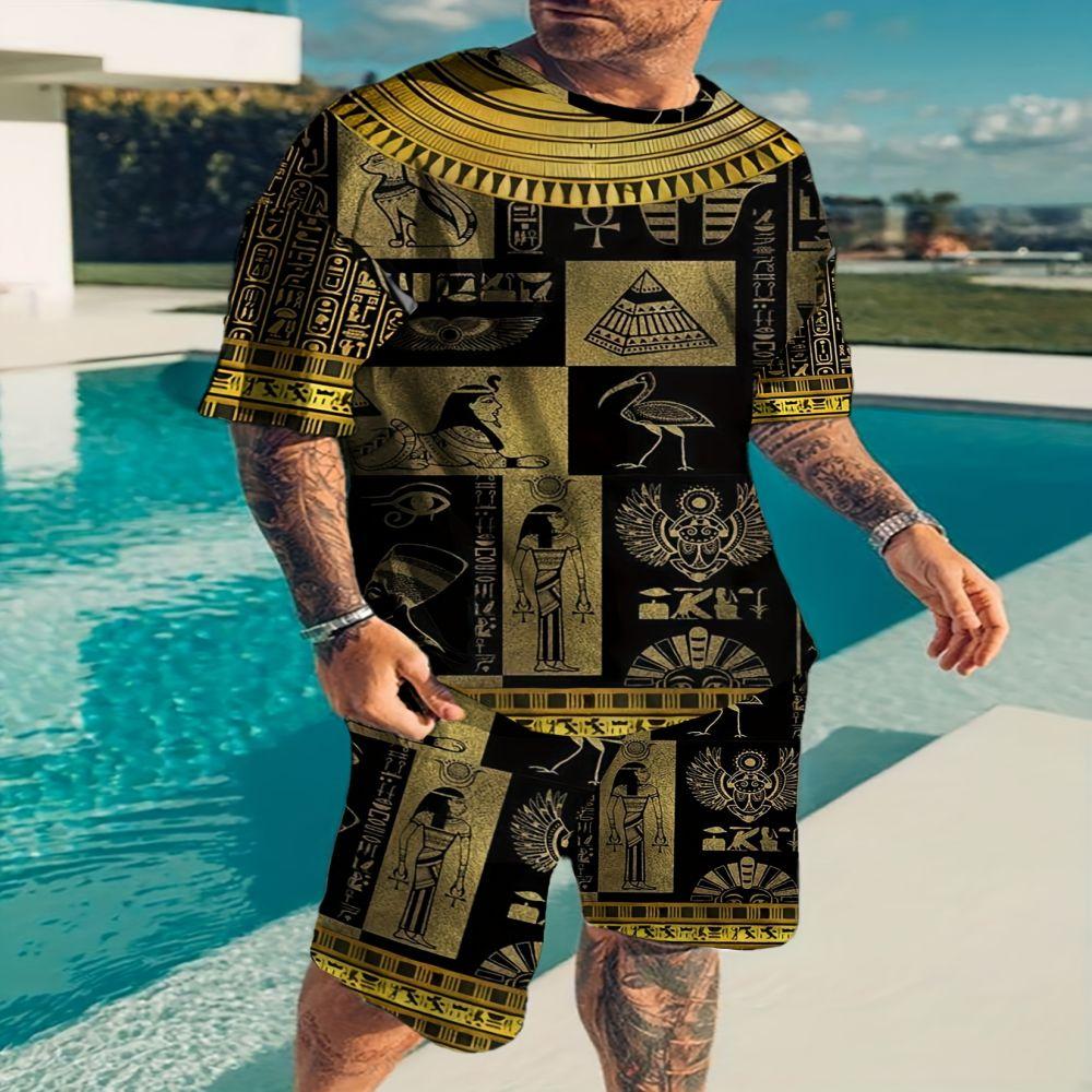 Trendy Men's Summer Suit Casual Ethnic Style 3D Printed Sportswear Short-sleeved Suit Oversized Round Neck T-shirt 2-piece