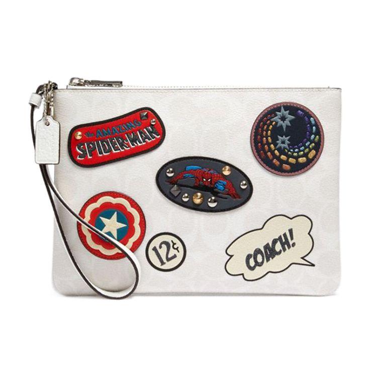 Coach X Marvel Галерея Сотрудничества 24 Узор с Значками Кожаный Холщовый Клатч Средний Женский клатч Белый 3576-SVCAH
