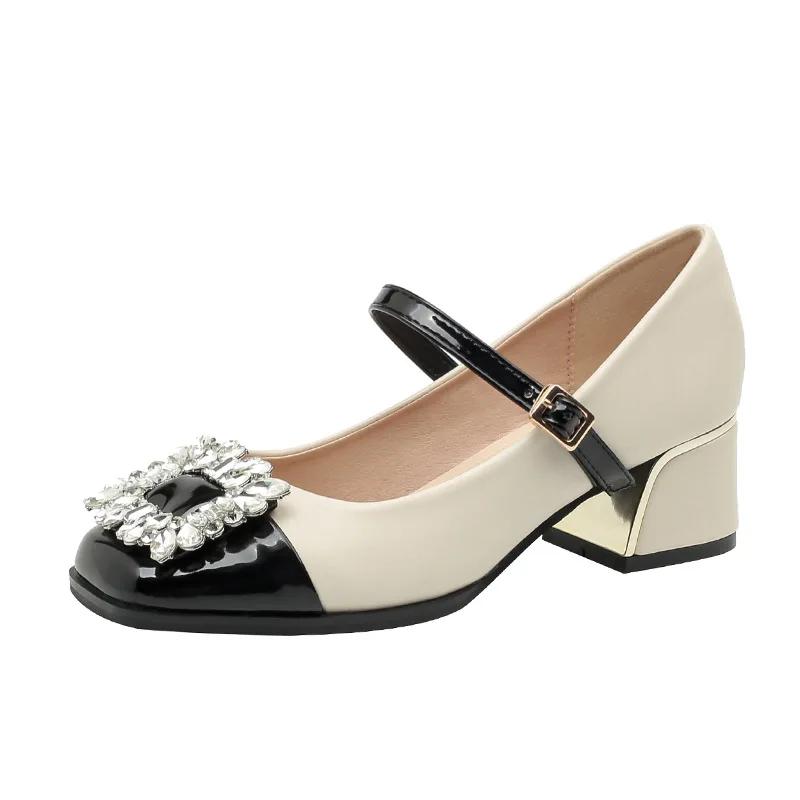 Плюс 35-43 Весна Лето Украшения Стразы Модные Женские Кожаные Туфли Мэри Джейн Квадратный Головной Узор Классический Толстый Каблук Низкий Каблук