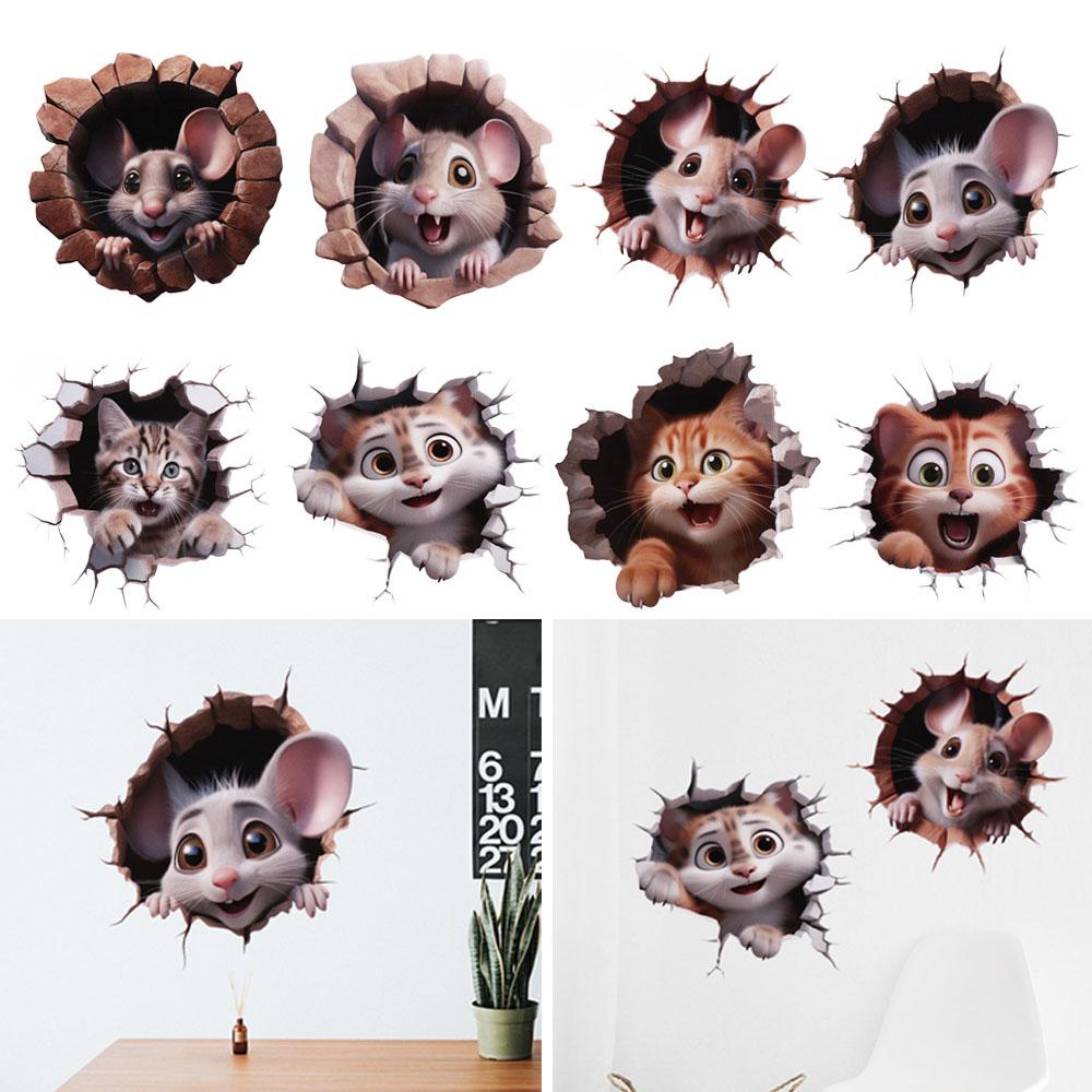 Наклейки из ПВХ с мышками и кошками 3D 3D самоклеящиеся наклейки креативные мышиные норы настенные наклейки для домашнего декора