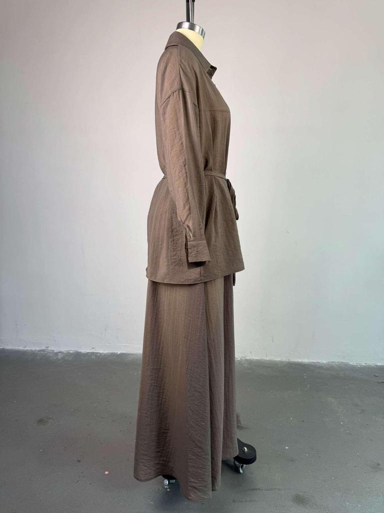 Мода Весна/Лето 2025 для Женщин Европы и Америки: Комплект: свободная рубашка с отложным воротником и длинным рукавом и юбка-миди с высокой талией