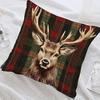 Christmas Elk Pillow Cover Red Green Plaid Elk Head Throw Pillow Cover 18 Inch X 18 Inch Winter Festive Pillowcase for Home Couch Sofa Bed Decoration